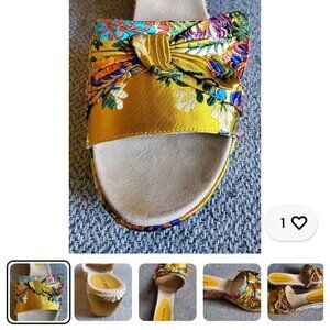 Anne Klein Zandal yellow floral embroidered wedge slide sandals